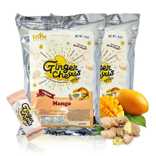 Vista 9 de Fusion Select Ginger Chews - Delicias dulces y confitadas suaves de Indonesia - Promueven el alivio de las náuseas matutinas, malestar estomacal