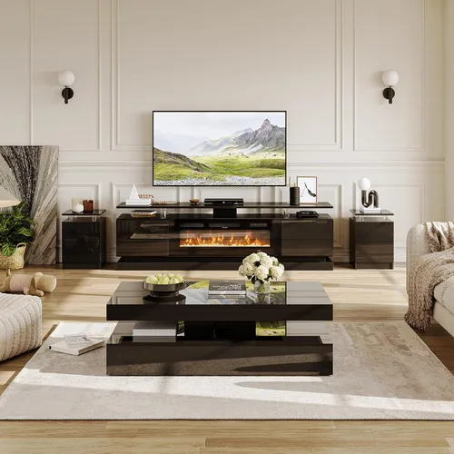 Vista 2 de Juego de Mesa Moderna de 4 Piezas para Sala de Estar, Incluye Soporte de TV para Chimenea de Alto Brillo de 70", Mesa de Centro LED y Juego de 2