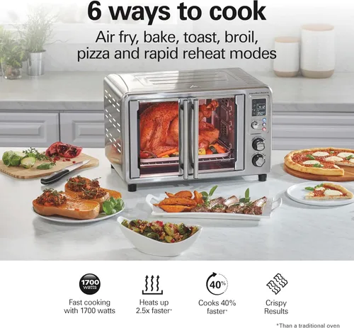 Vista 4 de Hamilton Beach Sure Crisp Freidora de Aire Digital 6 en 1 XL Combo Horno Tostador, Con Puertas Francesas de Fácil Acceso, Funciones para Hornear