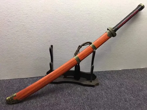 Vista 9 de Espada de Lin, espada ancha, hoja de quemadura de acero de alto carbono, secoya, aleación