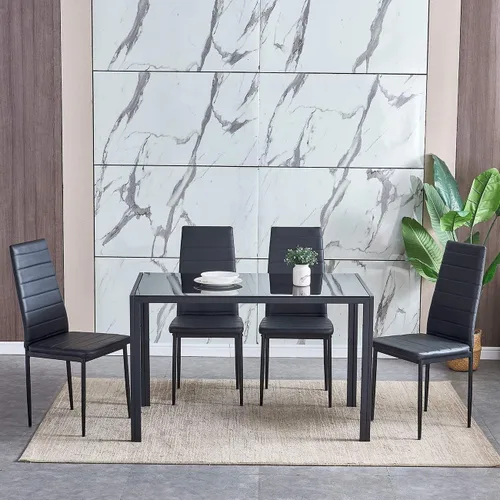 Vista 2 de Juego de 5 sillas de mesa de comedor, mesa de comedor rectangular de cristal negro y 4 sillas de comedor de piel sintética negra, juego de comedor