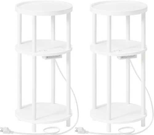 Vista 12 de HOOBRO Mesa auxiliar redonda pequeña con estación de carga, mesa auxiliar redonda de bambú de 3 niveles, mesa de noche compacta para sofá