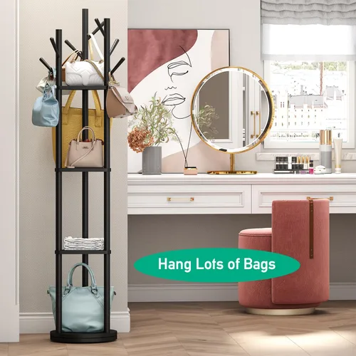 Vista 6 de kiplant Perchero giratorio con 8 ganchos, árbol de madera de bambú negro para ropa, bolsos/sombreros, perchero grande independiente para entrada