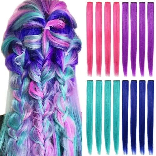 Vista 7 de 16 extensiones de cabello sintético multicolor de 21 pulgadas con clip para fiesta, accesorios para el cabello para niñas