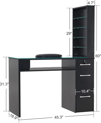 Vista 3 de BarberPub Mesa de Manicura con Cajones, Estantes de Almacenamiento Estación de Spa Salón de Belleza Mesa de Uñas 2673 (Negro)