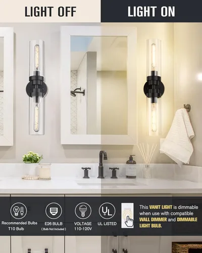 Vista 2 de Emak Lámparas de baño negras de 22 pulgadas sobre espejo, lámpara de tocador de baño de 2 luces con pantalla de vidrio transparente, paquete de 2