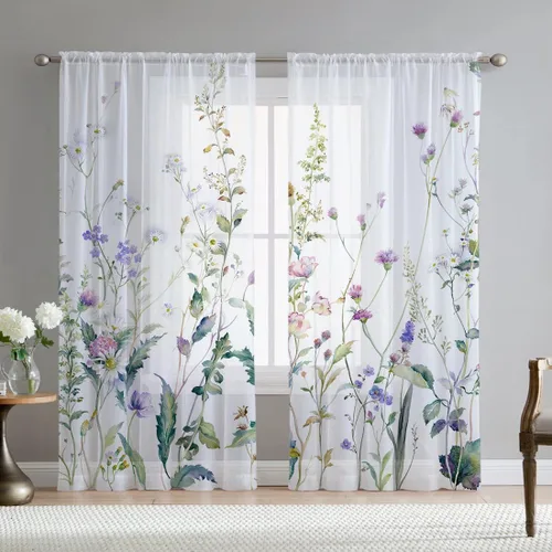Vista 13 de Cortinas de hojas florales Fereyis para sala de estar de 63 pulgadas de largo, juego de 2 paneles, elegantes cortinas azul y rosa con flores