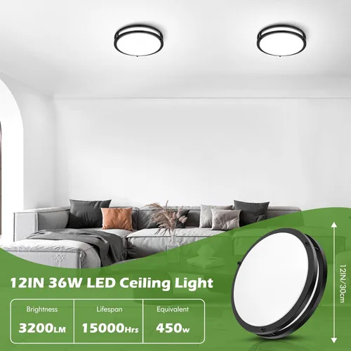 Vista 4 de Lámparas de techo empotradas de 12 pulgadas, lámparas de techo regulables de 36W 3200LM en negro para montaje en techo, 3000K-5000K seleccionables