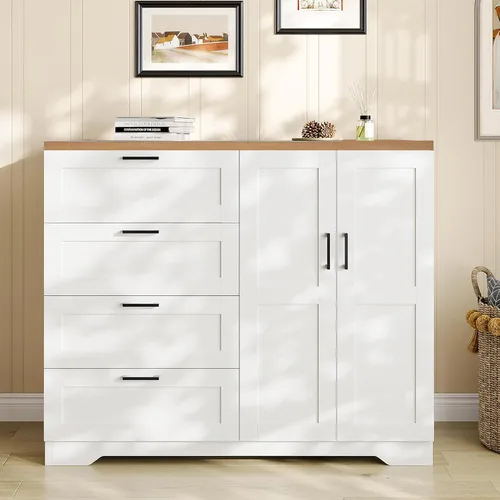 Vista 8 de GarveeHome Cómoda de madera multifuncional para dormitorio, 43.3 pulgadas de alto, armario ropero de 2 puertas con 4 cajones y barra para colgar