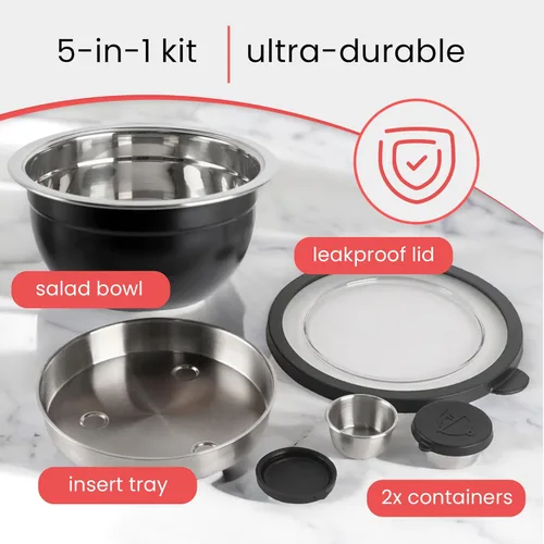 Vista 2 de Kit de ensaladera de acero inoxidable de 64 onzas y 3 cubiertos de bambú con 2 recipientes para condimentos, bandeja de inserción, cuenco y tapa a