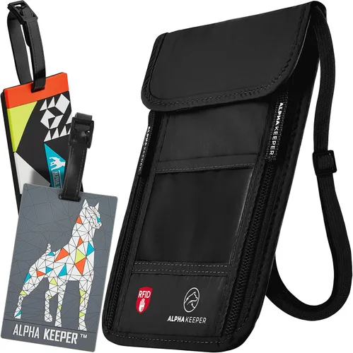 Vista 8 de Cartera de viaje para el cuello con bloqueo RFID para pasaporte para hombres y mujeres, bolsa de viaje súper delgada para proteger tus papeles