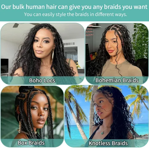 Vista 96 de Cabello Humano para Trenzar para Trenzas Boho 3 Paquetes/Pack 110g (3.88 oz) 14 Pulgadas Cabello Humano a Granel Ondulado Profundo para Trenzar