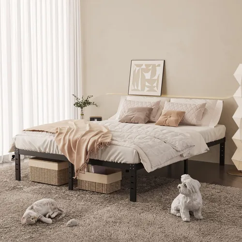 Vista 7 de QUALEONA Marco de cama matrimonial, plataforma de metal tamaño matrimonial, no necesita somier, soporte de listones de acero resistente, sin ruido