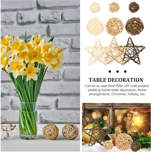 Vista 7 de FOMIYES Bolas de mimbre decorativas naturales, bolas de ratán de mimbre de estrella, 9 piezas, relleno de jarrón, ramitas decorativas, esferas
