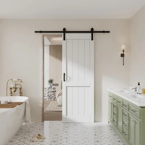 Kit de herrajes para puerta corrediza de granero de 30 x 84 pulgadas, incluye puertas de MDF cubiertas con superficie de PVC resistente al agua, (H