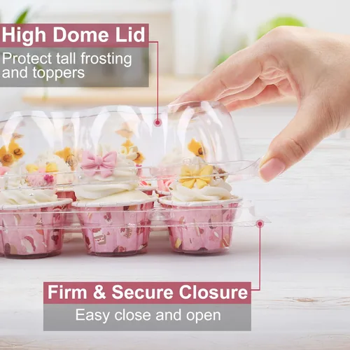 Vista 4 de LotFancy (24 unidades x 12 juegos) Mini recipientes para cupcakes con 288 forros, soporte de cajas de plástico para cupcakes, sin BPA, transparente