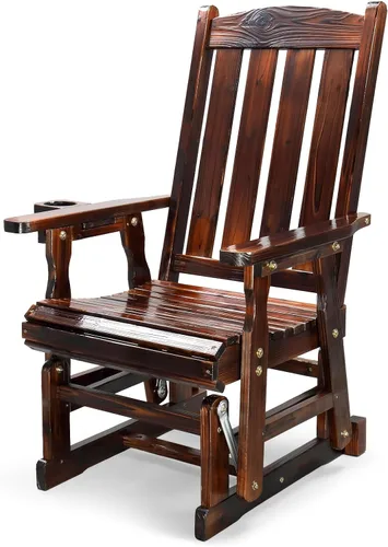Vista 13 de VINGLI Planeador de madera para patio, resistente de 600 libras para exteriores con portavasos, banco de madera individual con respaldo alto