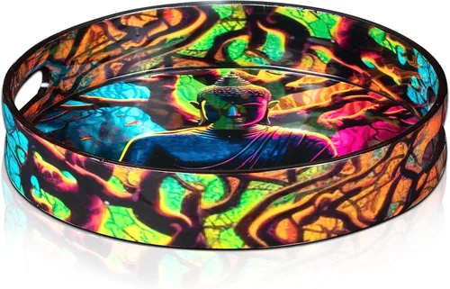 Vista 2 de Crocon Bandeja redonda decorativa para mesa de café, desayuno, bandeja otomana impresa con buda, portavelas, centros de mesa multiusos para comedor