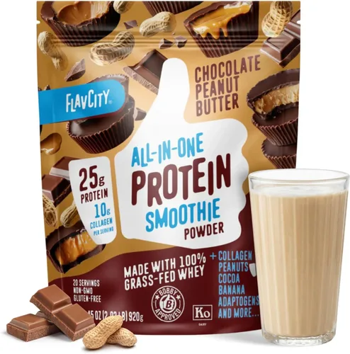 Polvo de proteína de suero de alimentación con hierba de FlavCity sabor chocolate con mantequilla de maní - 25 g de proteína y 10 g de colágeno -