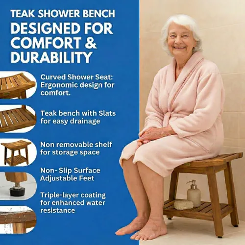 Vista 4 de EcoDecors Teak Bench for Shower 18 Inch, Waterproof Teak Wood Shower Bench - Bath Seat with Shelf, 300 lb Capacity, Slip Resistant Feet, Compact Fit