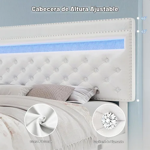 Vista 4 de Torana - Base de cama con luces LED, cabecero ajustable y 2 cajones, color blanco PU