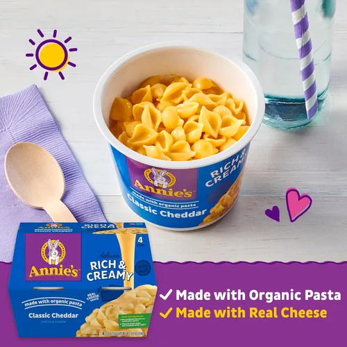 Vista 4 de Annie's Classic Cheddar Deluxe - Macarrones con queso para microondas ricos y cremosos con pasta orgánica, 4 unidades, tazas de 2.6 onzas