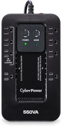 Vista 7 de CyberPower EC450G Sistema UPS ecológico de respaldo y protector de sobretensiones, 450VA/260W, 8 tomas, modo ECO, fuente de alimentación