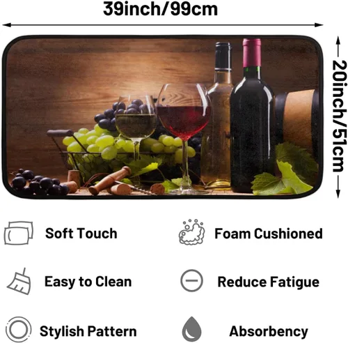Vista 2 de Tapete de cocina con temática de vino, copas de vino tinto, tapete de pie cómodo, antideslizante, para decoración de interiores y suelo, 39 x 20