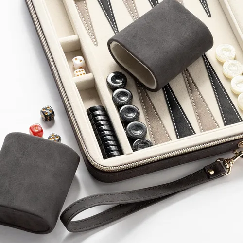 Vista 4 de Juegos de backgammon Lingle para adultos, juego de mesa clásico con estuche plegable de cuero sintético para backgammon, juego de backgammon Negro