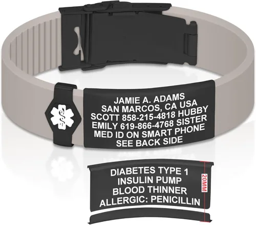 Vista 138 de Divoti Pulsera de identificación de alerta médica grabada personalizada, grabado láser de doble cara (hasta 9 líneas), pulsera de silicona ajustable