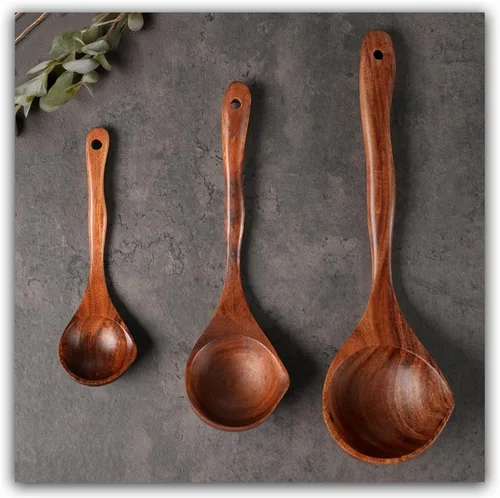Vista 2 de Juego de cucharas de madera, 3 tamaños de cuchara de sopa grande de teca, cucharas de madera para cocinar, cuchara de servir, cucharas de madera