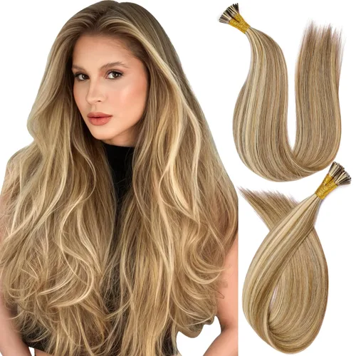 Vista 31 de Extensiones de cabello humano con punta en I de 14 pulgadas #16/60, color rubio con reflejos dorados y marrón grisáceo mezclado, extensiones