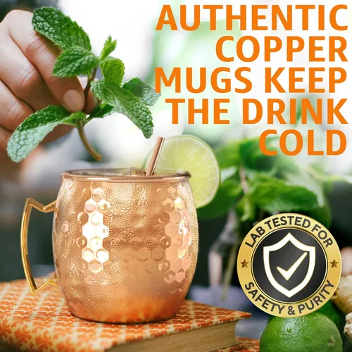 Vista 5 de Benicci Moscow Mule Copper Mugs - Set of 2, 100% HANDCRAFTED - Food Safe Pure Copper Solid Mugs - 16 oz Gift Set with Premium Quality Cocktail