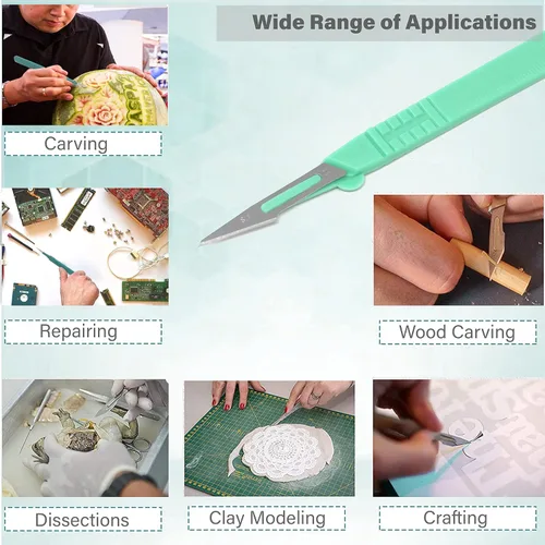 Vista 6 de Cuchillas de bisturí desechables #11 hechas de acero inoxidable templado, caja de 10 cuchillos de bisturí estériles con mango de plástico, bolsas