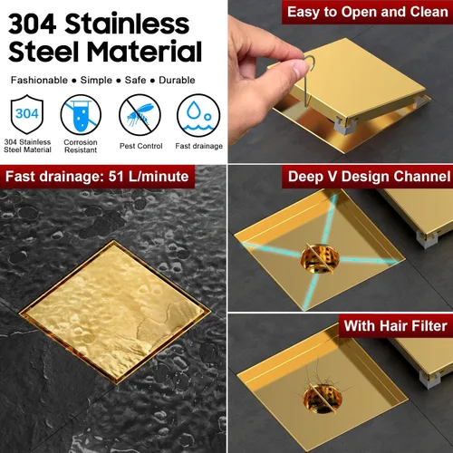 Vista 3 de DLONE Drenaje de ducha cuadrado Drenaje de ducha de 6 pulgadas de acero inoxidable AISI 304 dorado cepillado con panel de inserción de azulejos 2
