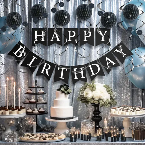 Vista 7 de Kit de decoración de cumpleaños negro, juego de 16 piezas con pancarta de feliz cumpleaños preencordada, bolas de panal, guirnalda y espirales