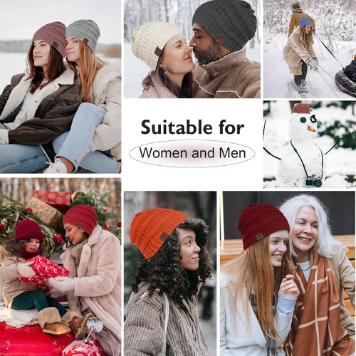 Vista 5 de Zando Gorros de punto grueso con forro de satén para mujer, cálidos gorros de invierno para mujer