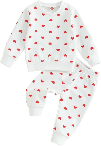 Rarjuiey Baby Boy Girl Valentines Day Outfits Toddler Valentine Heart Sweatshirt Sweater Pullover Pants Set 2PCS Clothes