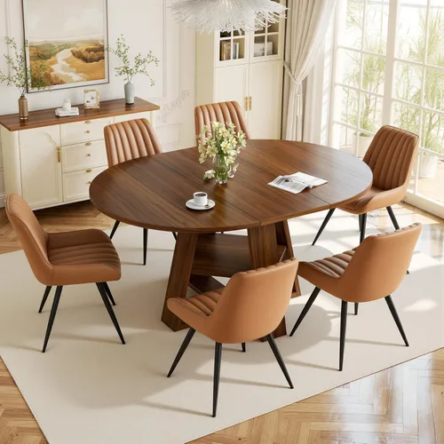 Vista 31 de Aivermel - Juego de mesa de comedor extensible redonda a ovalada para 4 a 6, mesa de cocina de madera con almacenamiento oculto y sillas tapizadas