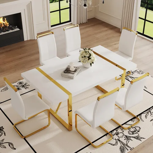 Vista 30 de Mesa de comedor Ebullient para 4, mesa de comedor rectangular negra de MDF, tapa de mesa de cena de mármol falso, mesa de comedor moderna con marco