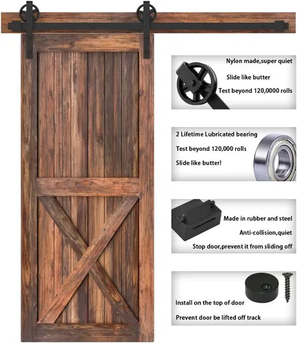 Vista 5 de WINSOON Kit de herrajes para puerta corredera de granero de madera individual de 5-16 pies, negro básico, rueda de radios grandes, kit de rodillos