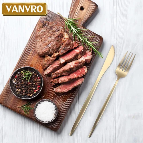 Vista 5 de VANVRO Juego de cubiertos color dorado champán, juego de cubiertos de acero inoxidable de 60 piezas, juego de cubiertos mate para 12, cubiertos