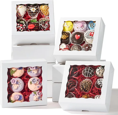 Vista 8 de Paquete de 20 cajas de pasteles marrones de 6 x 6 x 2.5 pulgadas con ventana para galletas, pasteles, macarrones, pasteles, bombas de baño, fresas