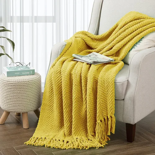 Vista 24 de Manta de punto suave con textura para sofá, manta de tweed crema con borlas de flecos para decoración del hogar, cama, sofá, silla, 50 x 60