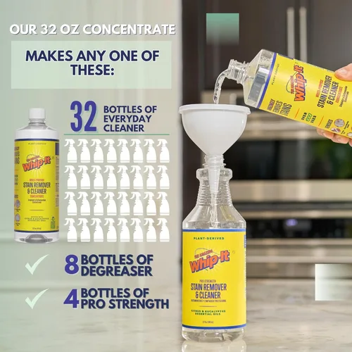 Vista 5 de Kit de removedor de manchas y concentrado Whip-It, 2 concentrados de 32 oz y 1 removedor de manchas en aerosol Pro de 32 oz, produce 64 botellas