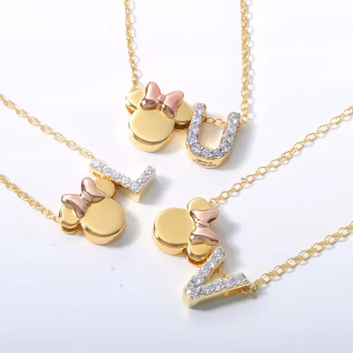 Vista 4 de Disney Minnie Mouse Gold Plated Cubic Zirconia Initial Pendant Necklace, Letter A to Z, Gold Over Sterling Silver, 18
