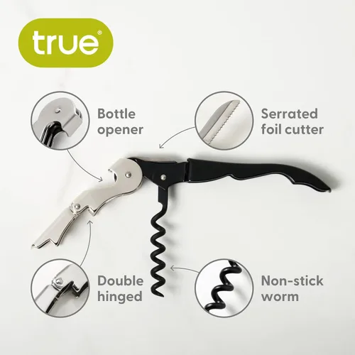 Vista 2 de True Truetap Sacacorchos de camarero de doble bisagra, abridor de botellas de vino de acero inoxidable con cortador de papel de aluminio
