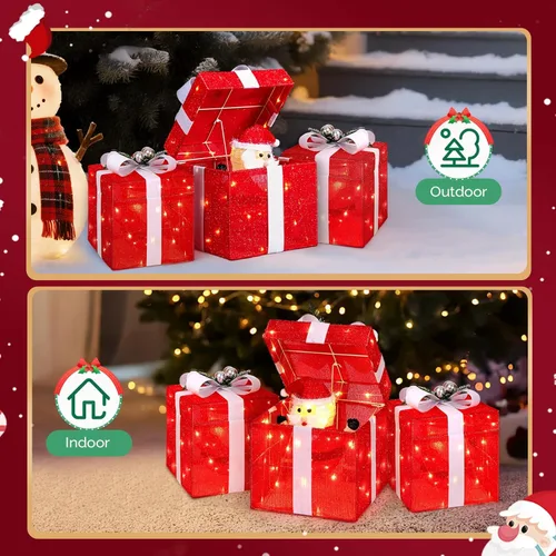 Vista 3 de VINGLI Caja de regalo iluminada roja de 12 pulgadas, muñeco de nieve iluminado, Papá Noel, decoración eléctrica de Navidad, luces LED