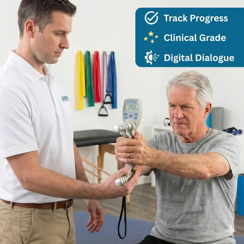 Vista 2 de Jamar Dinamómetro de mano digital Plus, probador de fuerza de agarre con pantalla LCD, mango ajustable para todos los tamaños de mano, mide hasta