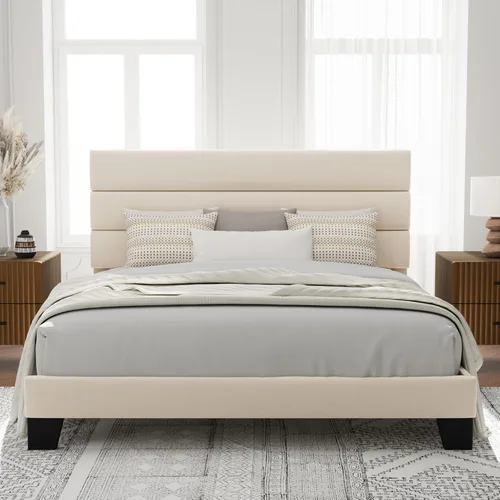 Vista 25 de Allewie Base de cama de plataforma de tamaño individual con cabecera tapizada de tela y soporte de listones de madera, base de colchón totalmente